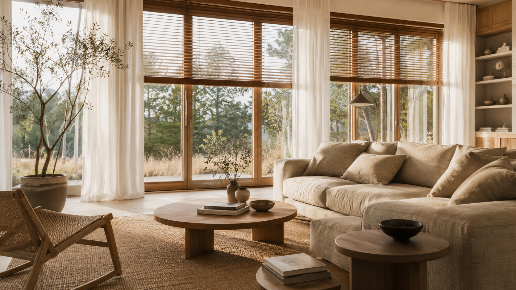 Woonkamer met houten jaloezieën en witte vitrage in warm daglicht