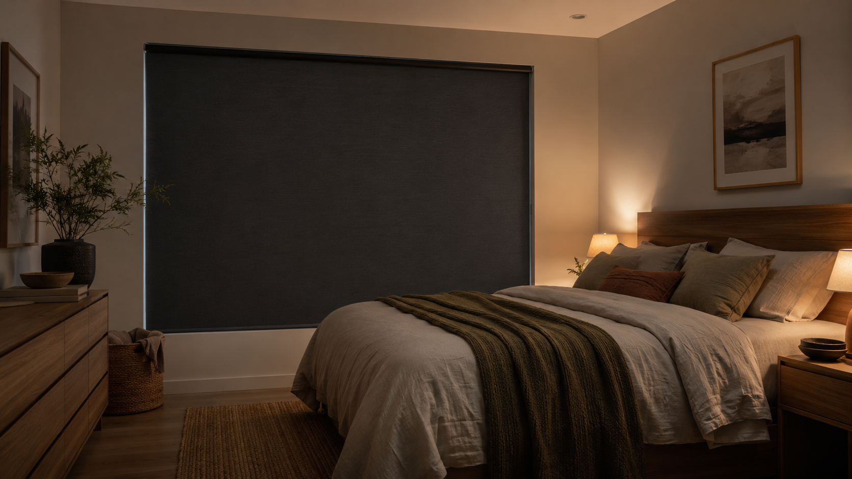 Slaapkamer met een verduisterend rolgordijn voor het raam