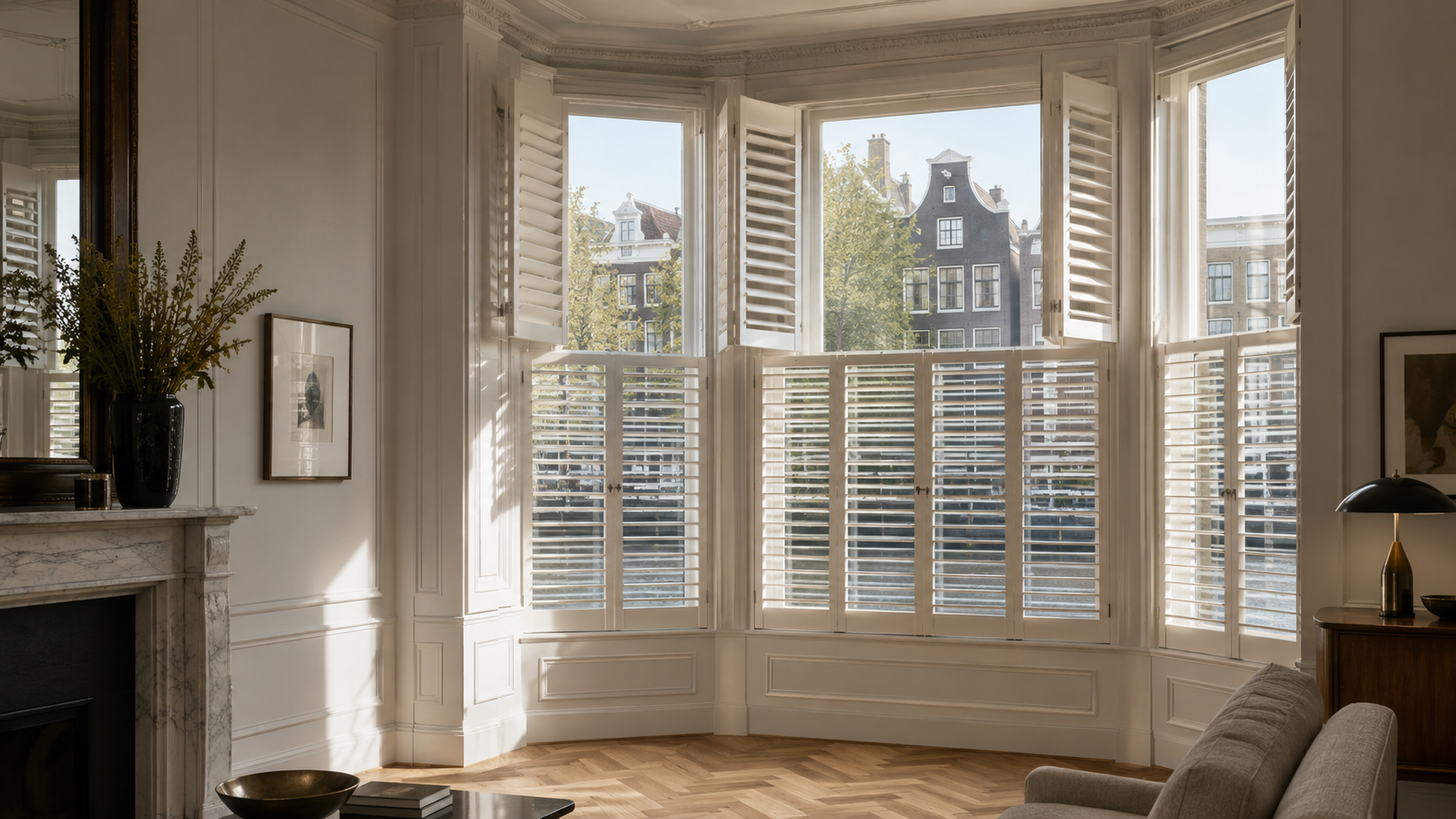 Witte houten shutters met halfgeopende lamellen in de erker van een Nederlands grachtenpand